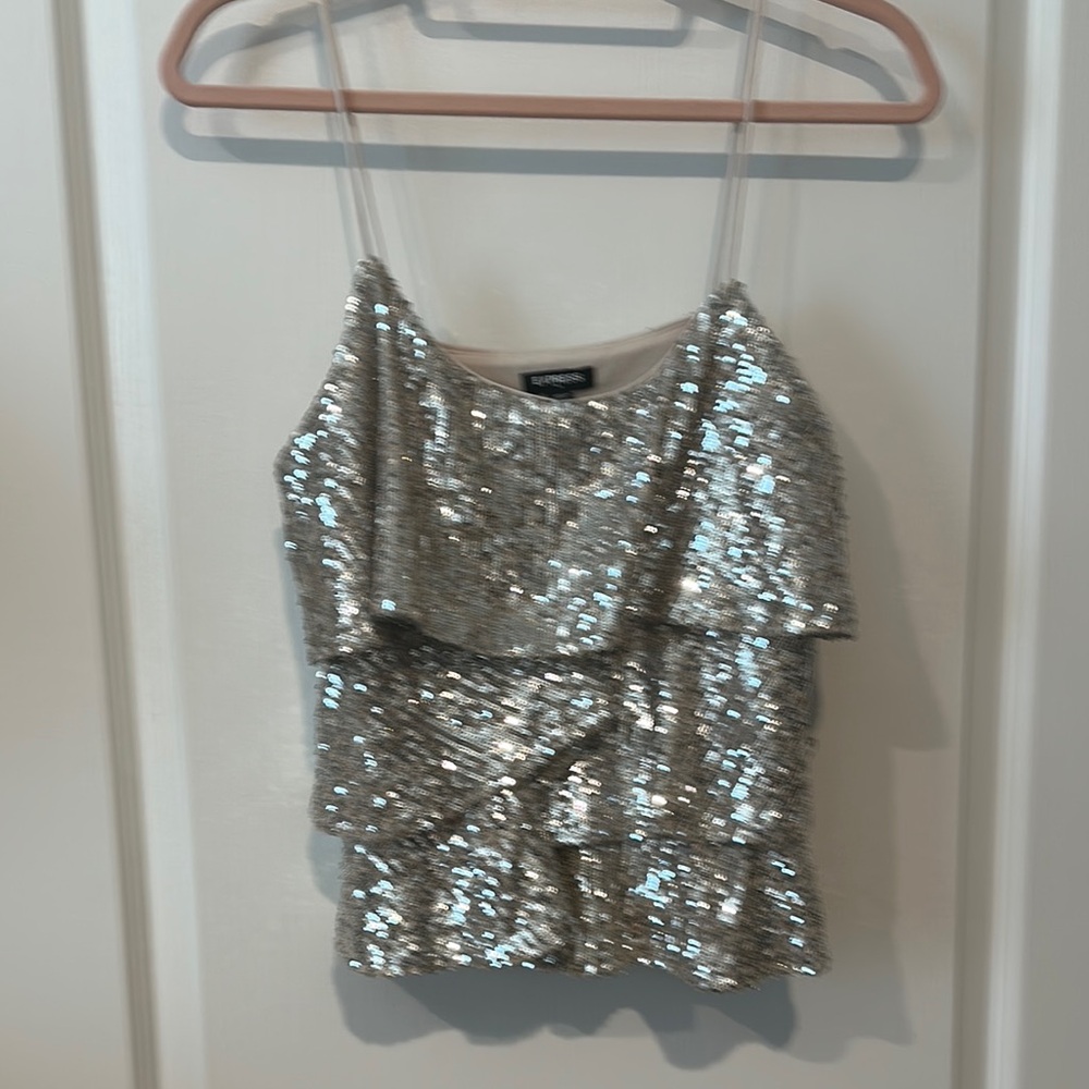 Express Silver Sequin Ruffled Camisole